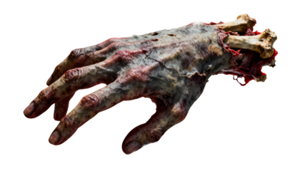 A hyperrealistic digital art of a zombie hand, with decaying flesh and exposed bone 