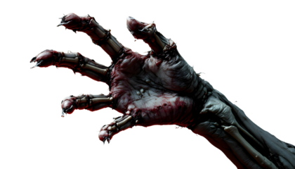 A hyperrealistic digital art of a zombie hand, with decaying flesh and exposed bone 