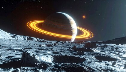 Majestic ringed planet with luminous rings illuminates a rugged alien moon surface, under a distant star in the vast cosmic expanse
