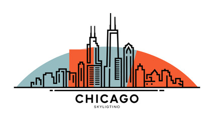 Obraz premium Chicago Skyline: A stylized illustration presents the Chicago skyline with minimalist lines and vibrant colors, celebrating the city's architectural grandeur and urban landscape.