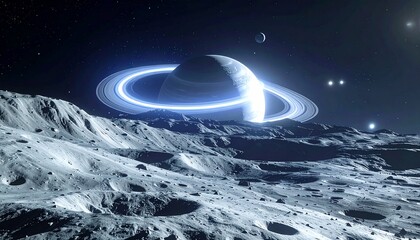 Breathtaking cosmic vista of a majestic ringed gas giant with an illuminated halo, observed from the cratered, desolate surface of its orbiting moon, creating an awe-inspiring celestial display