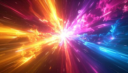 Naklejka premium Dynamic burst of vibrant light and swirling colors creating an energetic abstract background, symbolizing speed and a journey through a digital dimension
