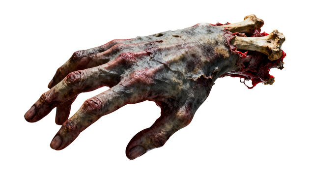 A hyperrealistic digital art of a zombie hand, with decaying flesh and exposed bone 