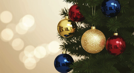 Naklejka premium Close-up of a Christmas tree branch with colorful ornaments against a blurred background with bokeh lights.