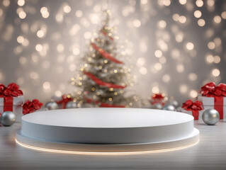 White podium holiday stage with blurred decorated Christmas tree and bokeh lights creating festive warm mood