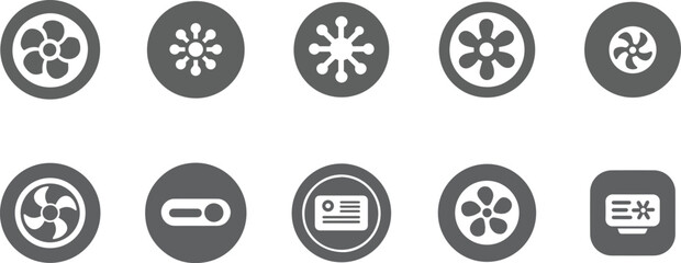 Collection of gray icons related to ventilation, technology, and control interfaces