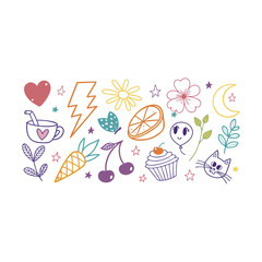 Assortment of colorful doodle icons on a white background Keywords: doodle, icon, illustration