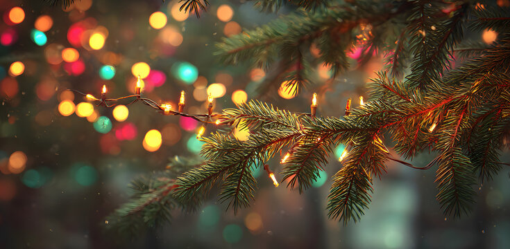 Christmas Lights - Stars String Hanging At Fir Branches In Abstract Defocused Background