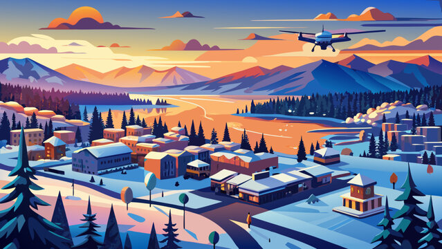 Very beautiful panoramic drone view of Sandpoint, Idaho, USA, featuring Lake Pend Oreille, snowy winter landscape, and the cityscape glowing under a warm sunset sky.