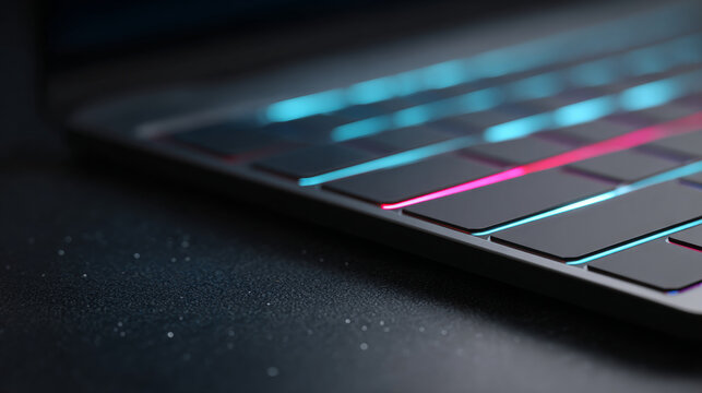 A laptop with a backlit keyboard that has blue and pink lights on it
