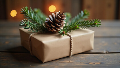 Christmas gift box decorated with pine cone and evergreen branches on wooden table