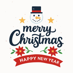 Festive Merry Christmas and Happy New Year design with snowman and poinsettia