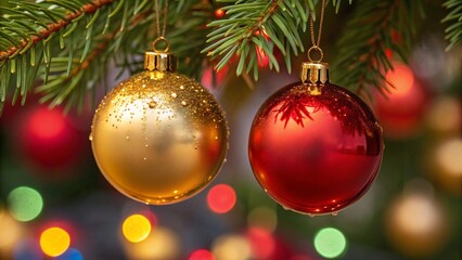 Fototapeta premium Decorative golden and red Christmas ornaments hanging on evergreen tree branches with lights