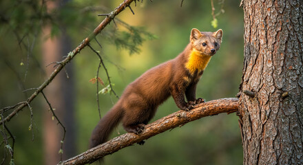 Marten climbing on a branch in a forest during golden hour with soft sunlight filtering through the trees