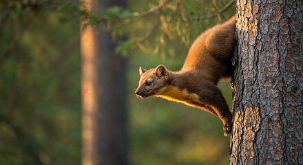 Marten climbs a tree during golden hour in a forest environment, showcasing its agility and natural habitat