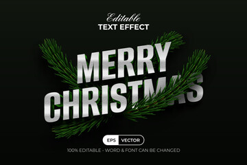 Merry Christmas Text Effect Silver Green 3D Style. Editable Text Effect.