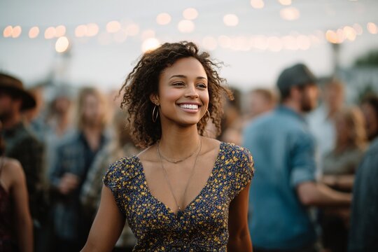 African American girl in floral dress dancing among people at a party. Generative AI