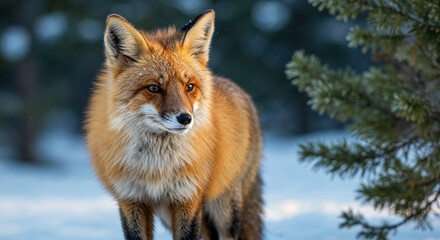 Obraz premium Red fox standing in a snowy landscape with evergreen trees in the background during winter