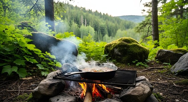Cooking Pan Over Campfire in Forest – Steam & Smoke Outdoor Scene