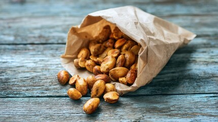Crunchy nuts cascade out of a paper bag resting on a weathered blue wooden surface.