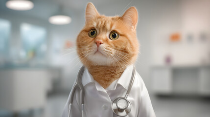 Ginger cat wearing white lab coat and stethoscope