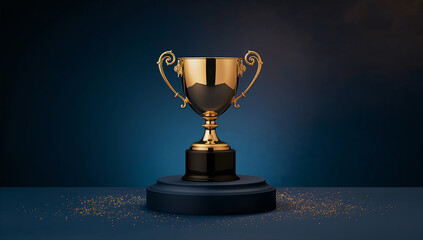 Golden trophy on a dark blue pedestal, a symbol of achievement and success