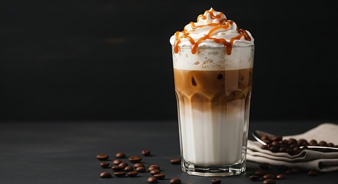 Iced caramel latte coffee in a tall glass with whipped cream and dark background