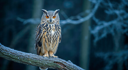 Eurasian eagle owl perched on a frost-covered branch in a winter forest setting during twilight