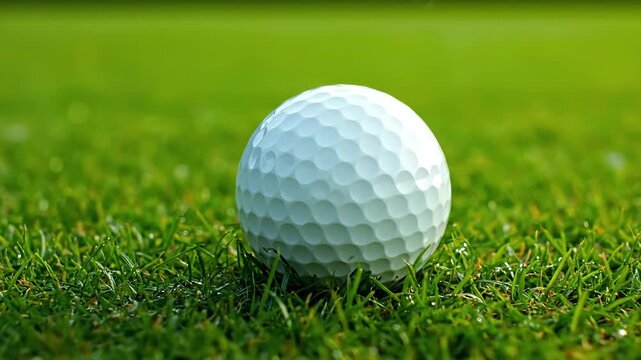 Golf Ball on Green Grass - A close-up shot showcases a white golf ball nestled on vibrant green grass. The dimpled texture of the ball contrasts with the sharp blades of grass.