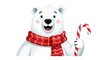 Cheerful Bear and Candy Cane: A charming and jovial bear, adorned with a vibrant scarf, holds a candy cane with a gleeful expression, capturing the essence of the season.