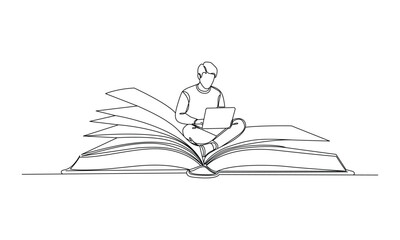 Continuous line drawing of student using laptop on big open book
