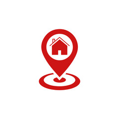 Red house icon inside a map marker isolated on transparent background