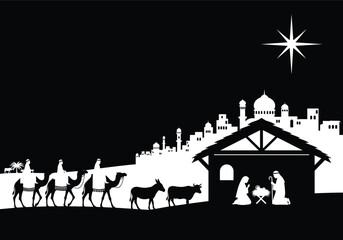 Nativity, Christmas, Jesus, Mary, Joseph, Manger, Star, Bethlehem, Stable, Magi, Camel, Silhouette, Religion, Holiday, Celebration, Vector, Cad, Drawing, Design, Illustration