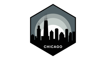 Chicago Cityscape: A minimalist silhouette of the vibrant Chicago skyline, featuring iconic skyscrapers and structures, set against a geometric background.