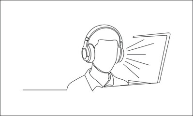 One line drawing of a man listening to a laptop computer