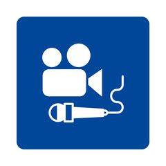 White video camera and microphone icon on a blue square isolated on transparent background