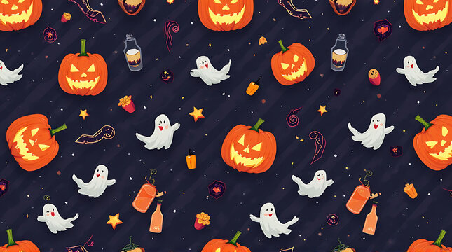 Festive Halloween pattern featuring pumpkins ghosts and spooky elements on a dark background - Powered by Adobe