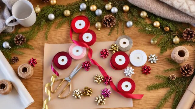 Various gift wrapping materials including ribbons, bows, scissors and twine, surrounded by pine branches, ornaments and cones. Warm Christmas vibe. Preparing festive presents.