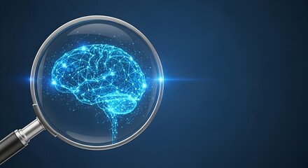 Futuristic artificial intelligence concept showing a glowing digital brain through magnifying glass symbolizing data analysis and neural research
