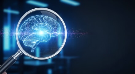 Artificial intelligence technology concept showing digital brain under magnifying glass representing neural network analysis and innovation
