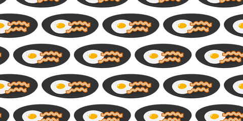 Bacon Stripes and Fried Egg with Yolk and spices in Black Plate Seamless Pattern Banner Flat design