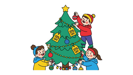 Joyful Christmas Tree Decorating: Illustrative image of kids enthusiastically decorate a bright Christmas tree, showcasing holiday cheer and festive preparations.
