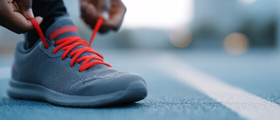 A person tying red laces on a grey sneaker with blue mesh and orange accents, in an outdoor setting