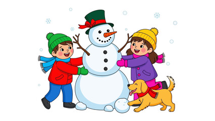 Joyful Winter Moment: Two children and their furry companion delight in the creation of a snowman on a crisp winter day, showcasing the warmth of winter activities.