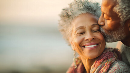 Black senior couple in love enjoying a romantic moment outdoors in sunset. Man kissing the woman on her cheek.