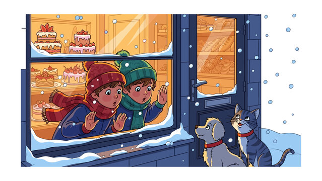 Sweet Treats and Winter Wonders: Two children and two pets, bundled in warm winter attire, gaze in wonder at a shop window filled with delectable cakes on a snowy winter's eve.