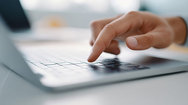 A person's hand is typing on a laptop keyboard with their thumb pressing the spacebar