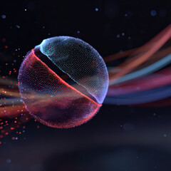 Holographic sphere floating in dark space, glowing with vibrant colors and particles, creating mesmerizing visual effect