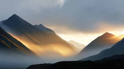 Majestic mountain landscape with mist and golden light illuminating peaks at sunrise, creating serene and cinematic atmosphere
