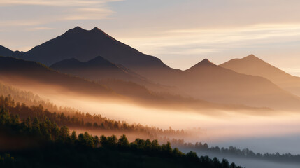 Majestic mountains rise above misty landscape, bathed in golden light during sunrise, creating serene and cinematic atmosphere